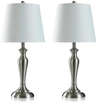 First of a Kind StyleCraft 3-Piece Brushed Steel 100 Watts Multi Pack Lamp Set, Includes 2 Table Lamps & 1 Floor Lamp with Linen Shades for Living Room, Dining Room, Bedroom & Hallway