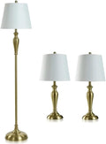 First of a Kind StyleCraft 3-Piece Antique Brass 100 Watts Multi Pack Lamp Set, Includes 2 Table Lamps & 1 Floor Lamp with White Hardback Linen Shades for Living Room, Dining Room, Bedroom & Hallway
