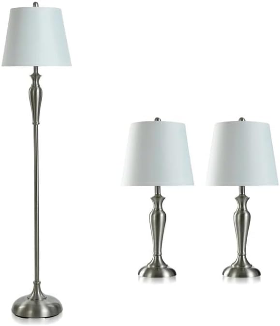 First of a Kind StyleCraft 3-Piece Brushed Steel 100 Watts Multi Pack Lamp Set, Includes 2 Table Lamps & 1 Floor Lamp with Linen Shades for Living Room, Dining Room, Bedroom & Hallway