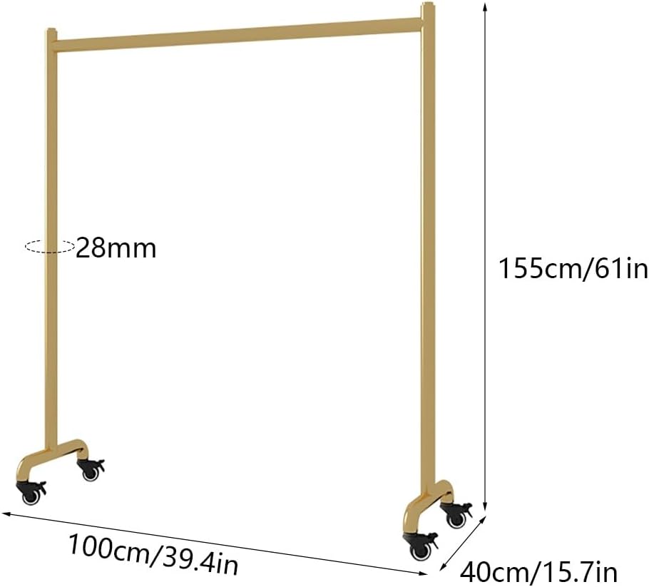 Golden Clothing Rack with Wheels, Nordic, Heavy Duty, Clothes Rail for Bedroom, Garment Rack for Hanging Clothes, Load 176lbs(100x40x155cm)