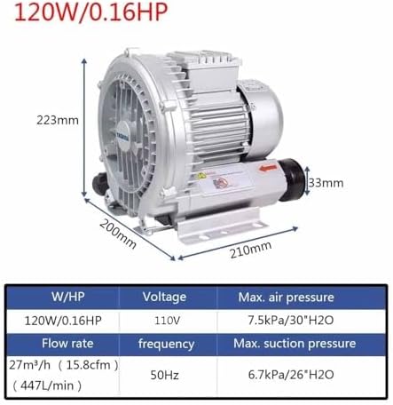 Regenerative Blower 0.16HP - 1.49HP, 110V 50Hz Vortex Blower, Single Phase for Air Blowing or Suction, Ideal for Sewage Aeration and Aquariums, 350W/0.47HP