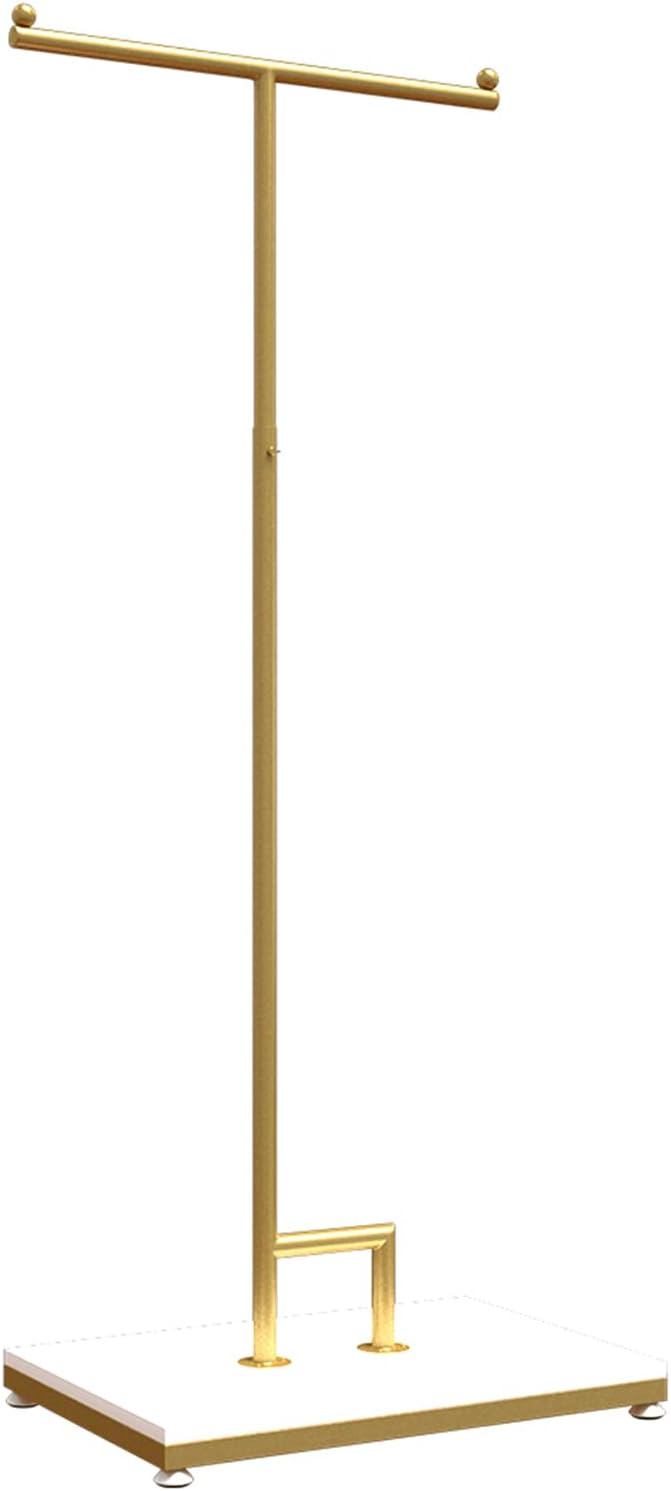 Garment Rack T-Shaped Hanging Rod Clothing Retail Store Display Stands, Freestanding Metal Garment Racks with Wood Shelves, Adjustable Height Clothes Hanging Rack for Hallway Bedroom, Gold