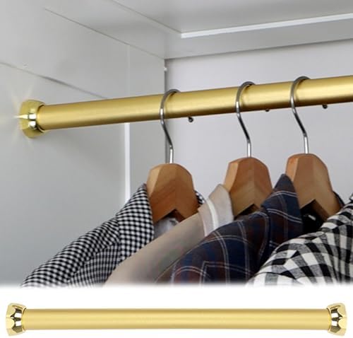 Gold Aluminum Closet Rod - Adjustable Tension Pole for Wardrobe, 16-66 Inch with Hardware Accessories, Cuttable Garment Rack for Hanging Clothes, Space-Saving Solution.