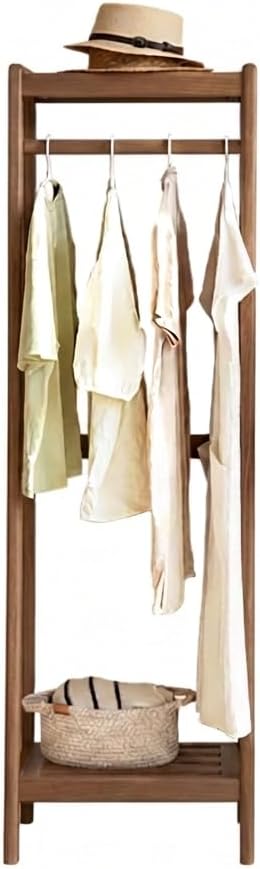 Solid Wood Clothes Rack, Clothing Rack with 2 Shelves Storage, Floor-Standing Coat Rack for Bedroom, Living Room, 16' x 20' x 63',Entryway,Walnut