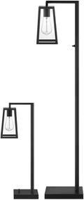 58' in Indoor Outdoor Living Room Patio Modern Table and Floor Lamp and Table Lamp Set Steel Black Set Smooth Matte Black Finish Weather Resistant for Porch Deck Clear Glass Shade (2 pcs)