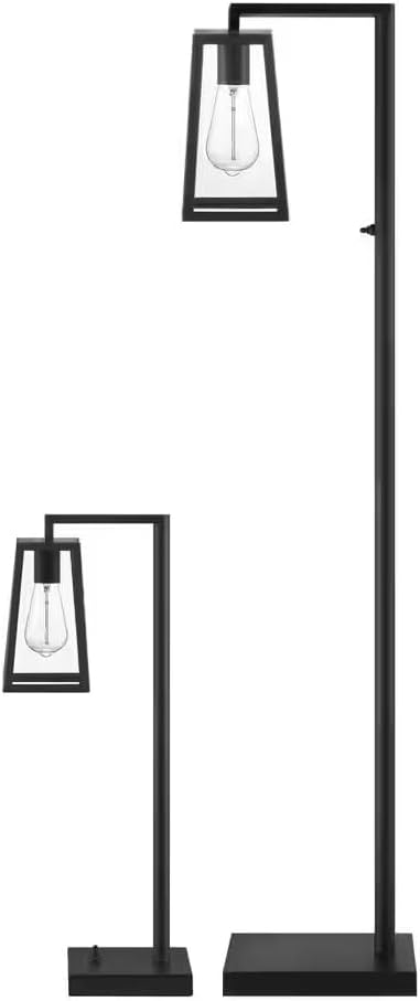 58' in Indoor Outdoor Living Room Patio Modern Table and Floor Lamp and Table Lamp Set Steel Black Set Smooth Matte Black Finish Weather Resistant for Porch Deck Clear Glass Shade (2 pcs)