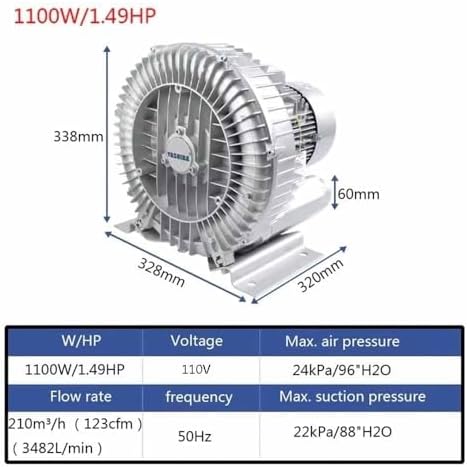 Regenerative Blower, High-Pressure Industrial Vacuum Pump, Sewage Aeration Vortex Blower, Single Phase, Low Noise, 110V, 350W, 0.47HP