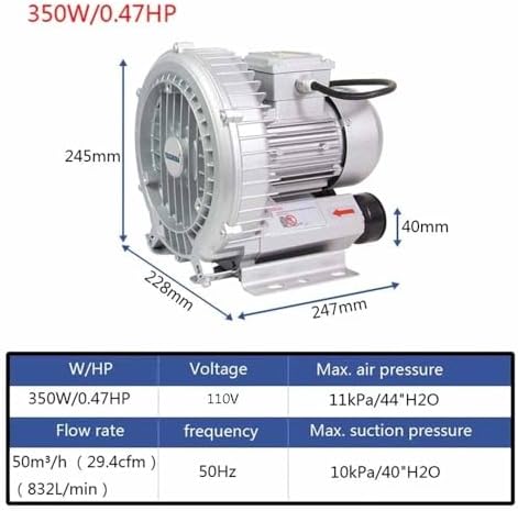 Regenerative Blower, High-Pressure Industrial Vacuum Pump, Sewage Aeration Vortex Blower, Single Phase, Low Noise, 110V, 350W, 0.47HP