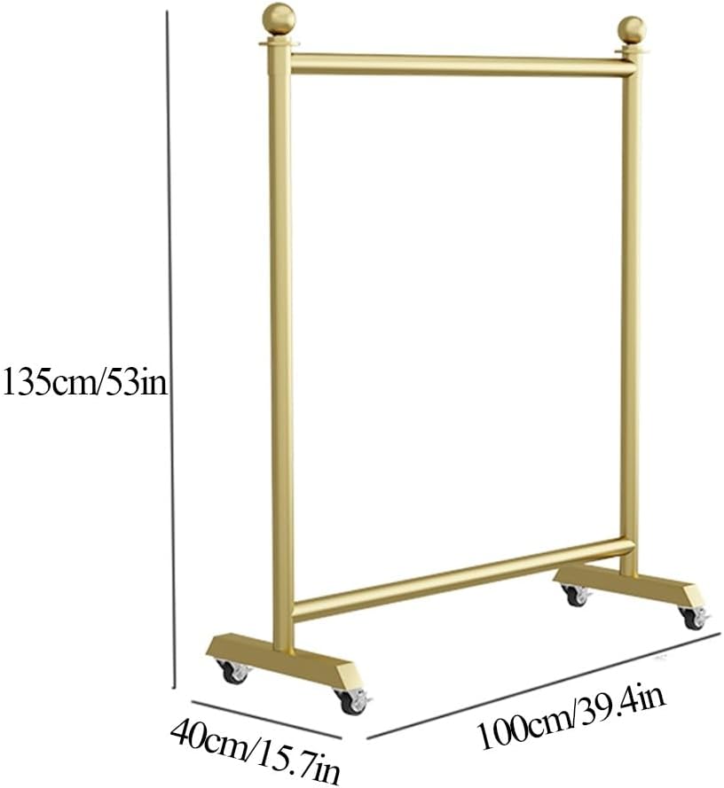 Rolling Clothes Rack on Wheels, Heavy Duty Iron Pipe Garment Rack 132lbs Load Capacity, Clothing Organizer for Hanging Clothes, Golden (Color : Gold, Size : 100x40x135cm)