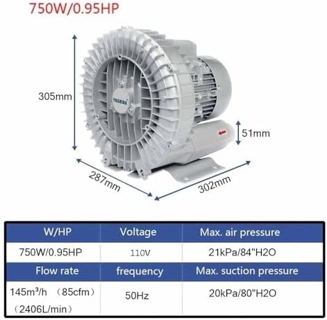 Regenerative Blower, High-Pressure Industrial Vacuum Pump, Sewage Aeration Vortex Blower, Single Phase, Low Noise, 110V, 350W, 0.47HP