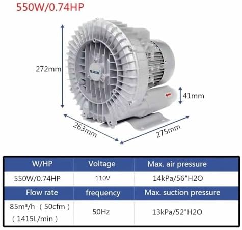 Regenerative Blower 0.16HP - 1.49HP, 110V 50Hz Vortex Blower, Single Phase for Air Blowing or Suction, Ideal for Sewage Aeration and Aquariums, 350W/0.47HP