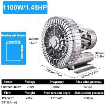 Regenerative Blower, 110V/220V Single/Three Phase Vortex Ring Blower High-Pressure, Side Channel, for Sewage Aera,Industrial Vacuum Pump(750W/1.01HP)