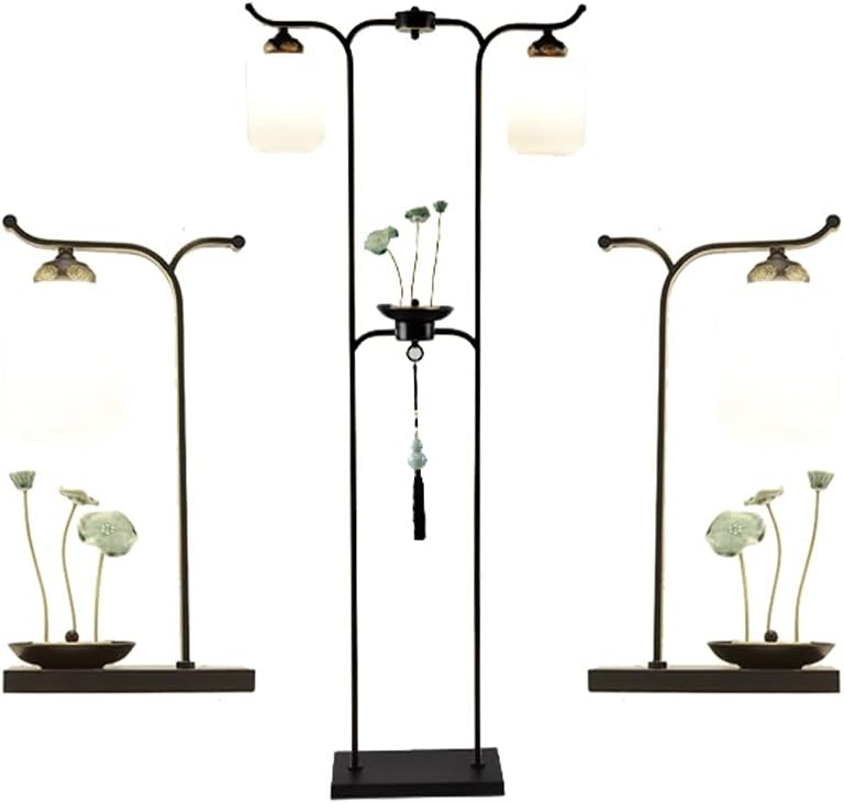 Standing lamp Vintage Floor Lamp 3 Pack Lamp Set of 2 Table Lamps&1 Floor Lamp Wrought Iron 3-Piece Lamps Set with Ceramic Lotus Leaf Design Tall Standing Pole Light