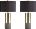BOWERY HILL Modern Metal Table Lamps, 27.25' H, Gray and Brass Finish, Set of 2, Faux Concrete Base, Black Drum Shade with Gold Interior, 3-Way Switch, UL Listed