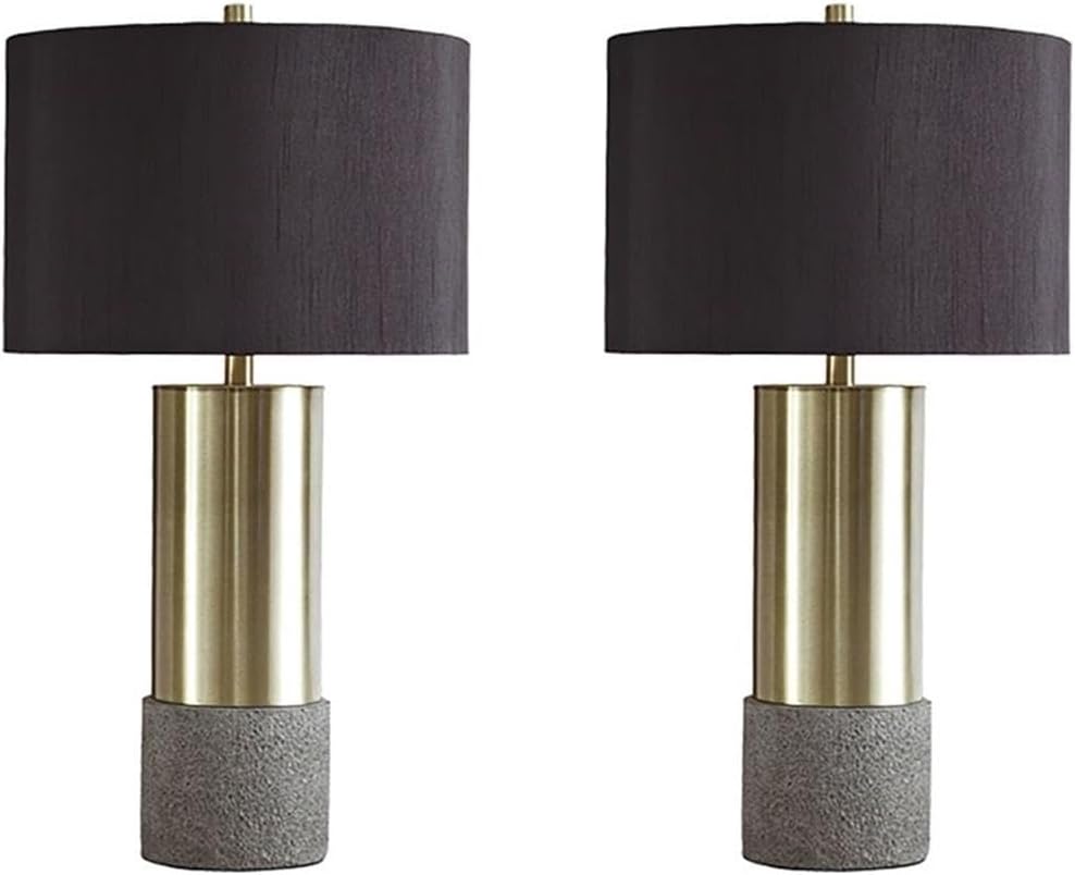 BOWERY HILL Modern Metal Table Lamps, 27.25' H, Gray and Brass Finish, Set of 2, Faux Concrete Base, Black Drum Shade with Gold Interior, 3-Way Switch, UL Listed