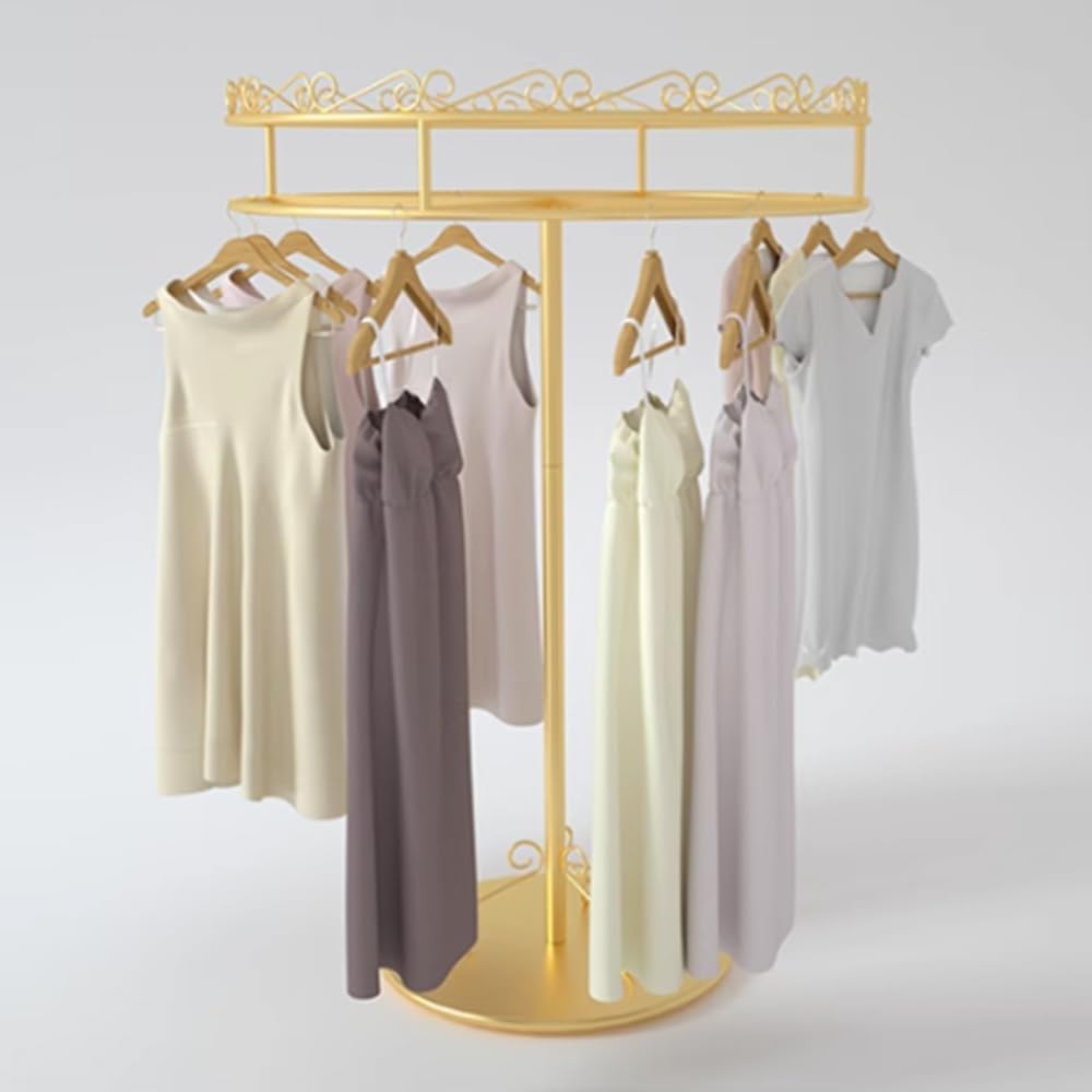 Floor-Standing Clothing Rack, Rotating Portable Garment Rack for Hanging Clothes, Metal Clothes Hanging Rack for Bedroom, Balcony, Retail Display,Gold,70cm*135cm
