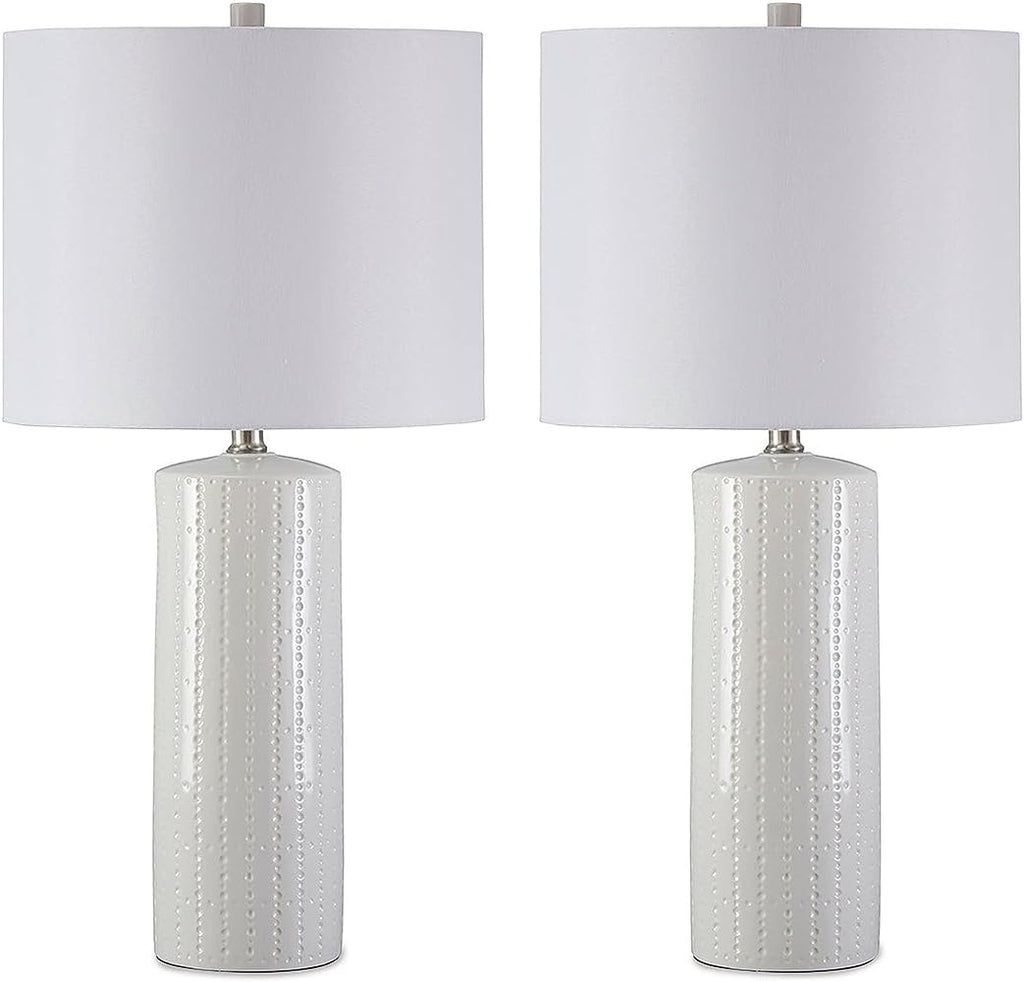 BOWERY HILL Contemporary Ceramic Table Lamp, 25.25' H, White Finish, Drum Shade, Set of 2, 3-Way Switch, Type A Bulb Compatible, Modern Lighting for Bedroom or Living Room Decor