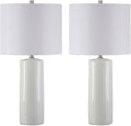 BOWERY HILL Contemporary Ceramic Table Lamp, 25.25' H, White Finish, Drum Shade, Set of 2, 3-Way Switch, Type A Bulb Compatible, Modern Lighting for Bedroom or Living Room Decor