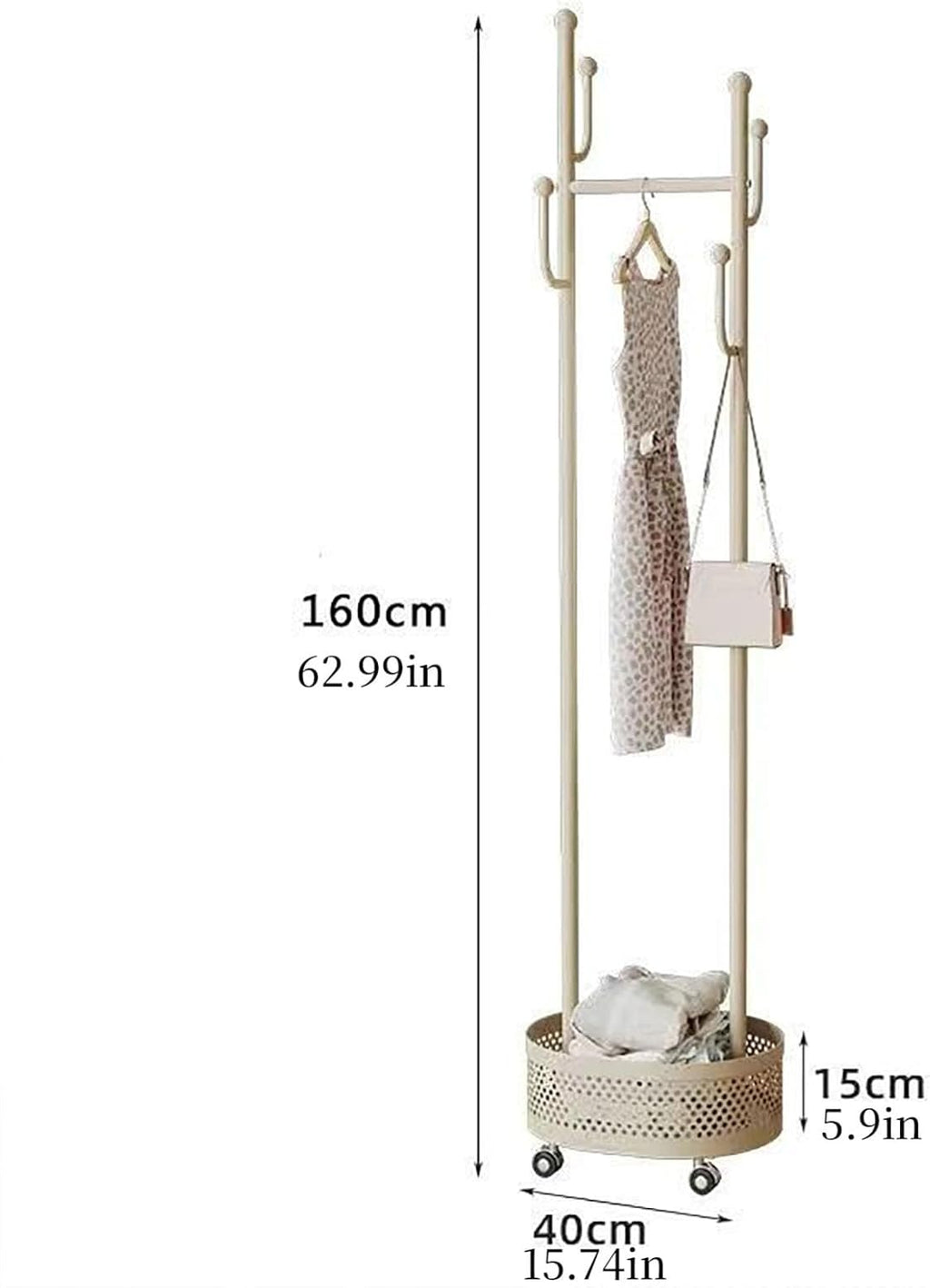 Heavy-Duty Clothing Racks Rolling Rack with Wheels Modern Metal Coat Stand with Storage Basket Moveable Garment Rack for Hanging Clothes Bedrooms Boutiques(white)