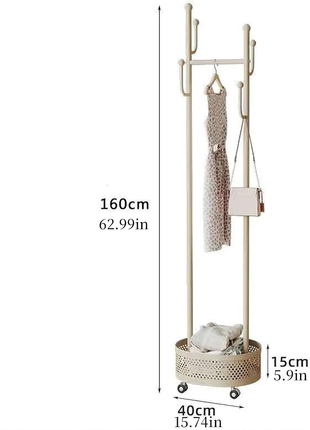 Heavy-Duty Clothing Racks Rolling Rack with Wheels Modern Metal Coat Stand with Storage Basket Moveable Garment Rack for Hanging Clothes Bedrooms Boutiques(white)