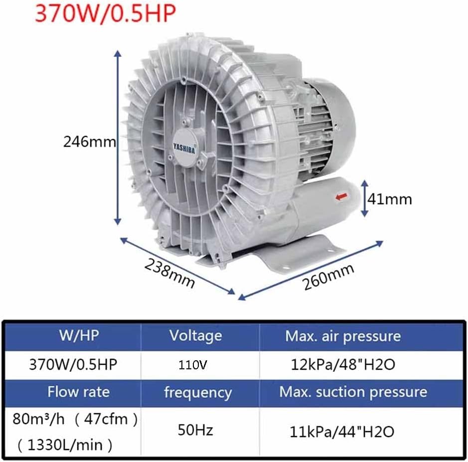 Regenerative Blower 0.5HP/0.74HP/1.49HP 110v Single Phase, Aluminum Alloy High-Pressure Vortex Ring Blower, Industrial Vacuum Pump for Air Blowing(370W/0.5HP)