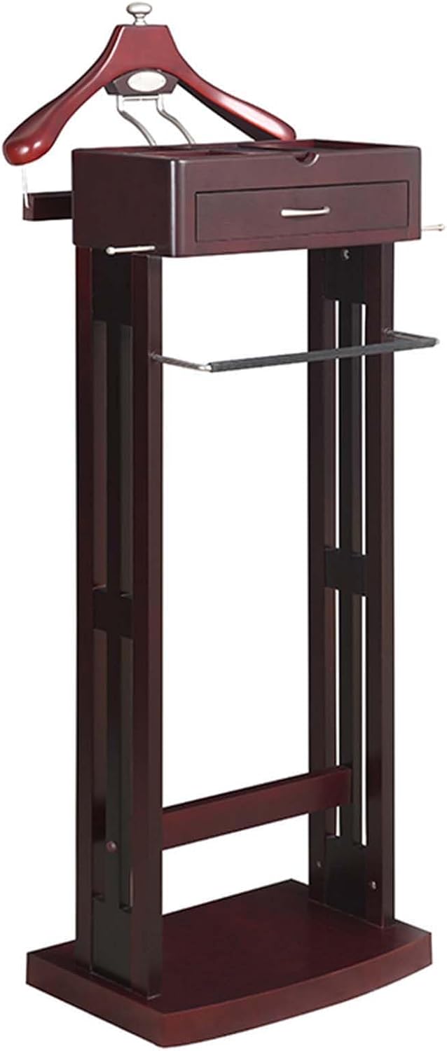 Brown Suit Rack,Birch Clothes valet Stand for Men with Drawer Top Tray Contour Hanger Trouser Bar and Shoe Rack Floor Stand Garment Rack,for Bedroom Office and Senior Clubs