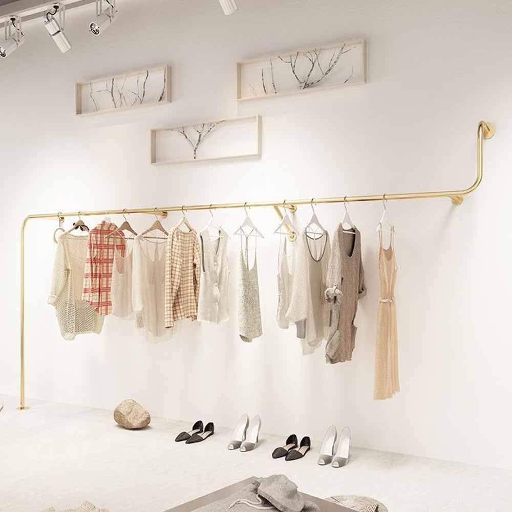 Industrial Pipe Clothing Rack, Wall Mounted Closet Storage Rack, Gold Garment Rack Retail Display Hanging Rod for Retail Display, Boutiques,Length 300cm