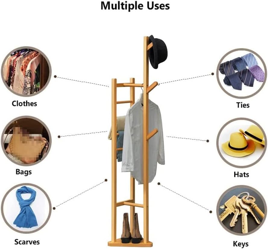 Bamboo Corner Coat Rack Coat Stand Hall Coat Trees Free Standing Garment Rack with Shelves and Hanger Hooks for Entryway