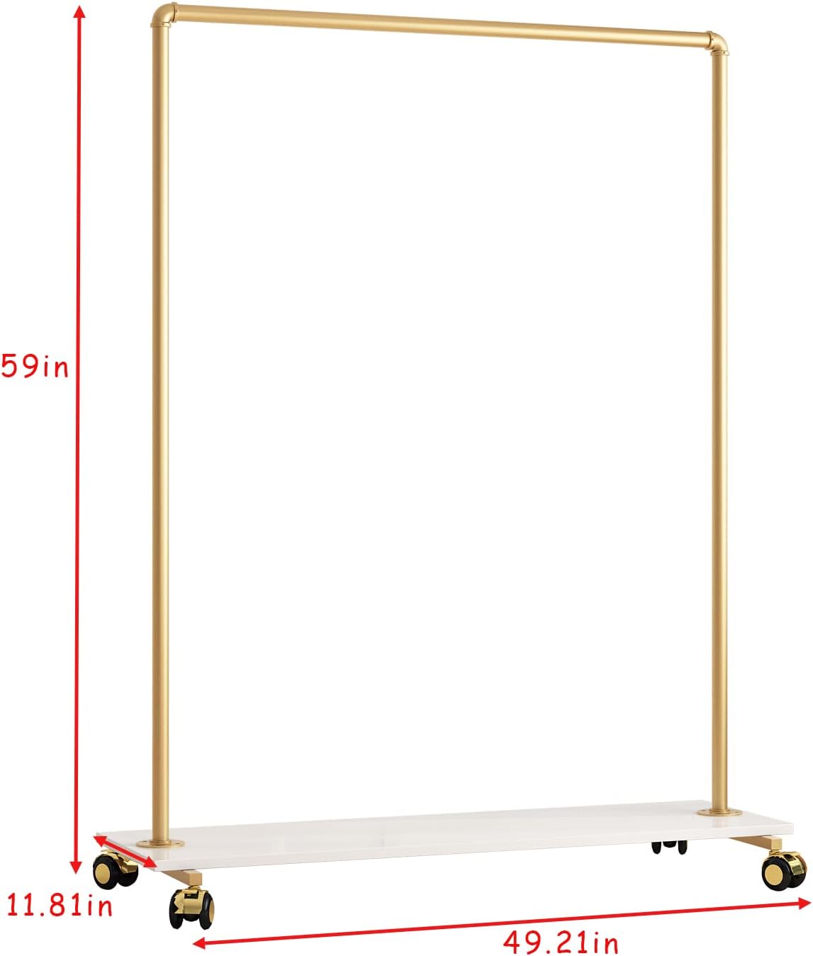 Gold Metal Clothing Rack with Wood Shelf, Heavy Duty Rolling Garment Rack with Wheels for Bedroom Retail Boutique Use (49.21L inches)