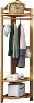 Bamboo Corner Coat Rack Stand - Freestanding Garment Rack with 2 Shelves, Stylish Hall Tree with Hooks for Clothes & Accessories, Space-Saving Storage Solution for Entryway