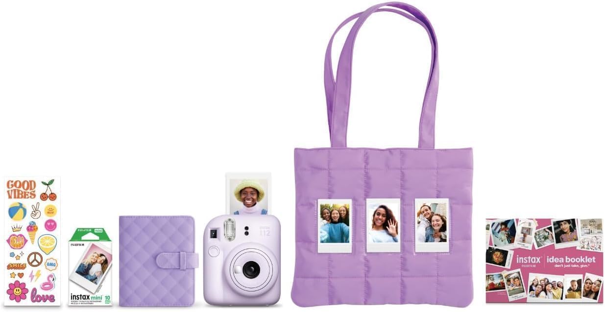 FUJIFILM INSTAX Mini 12 Holiday Bundle 2025 | with Extra Instax Mini Film + 4 Pk AA Batteries & Sunshine Photo Microfiber Cleaning Cloth (10 Items) (Holiday Bundle (10 Sheets), Lilac Purple)