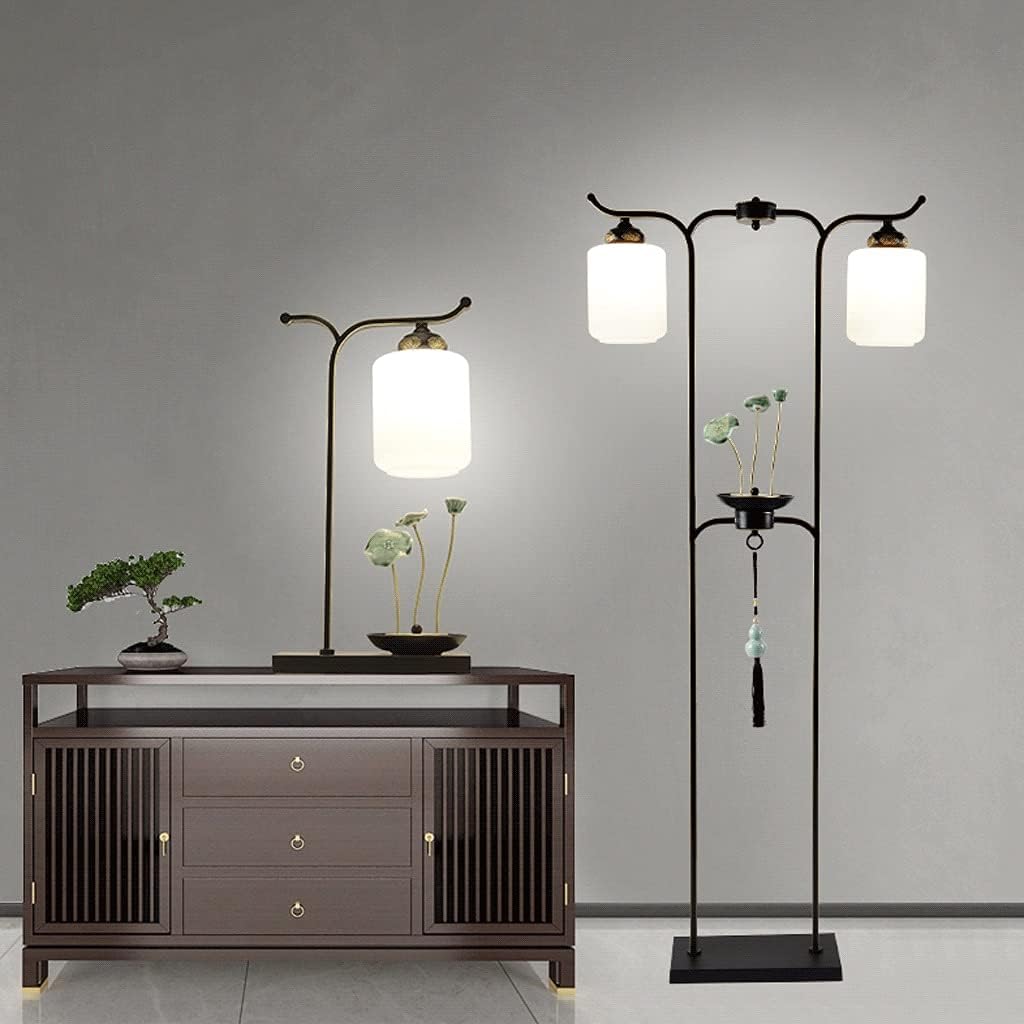 Standing lamp Vintage Floor Lamp 3 Pack Lamp Set of 2 Table Lamps&1 Floor Lamp Wrought Iron 3-Piece Lamps Set with Ceramic Lotus Leaf Design Tall Standing Pole Light
