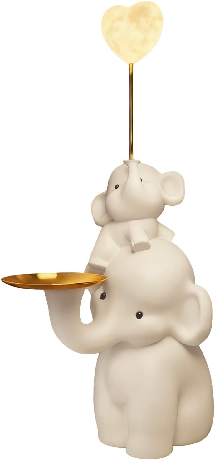 Elephant Side Table, Large Living Room Sculpture, Perfect as Sofa Side Table, Bedroom Nightstand, Coffee Table, Living Room Decor with Two Storage Trays (Elephant with Heart Lamp and Tray)