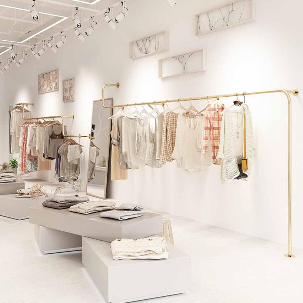 Industrial Pipe Clothing Rack, Wall Mounted Closet Storage Rack, Gold Garment Rack Retail Display Hanging Rod for Retail Display, Boutiques,Length 400cm
