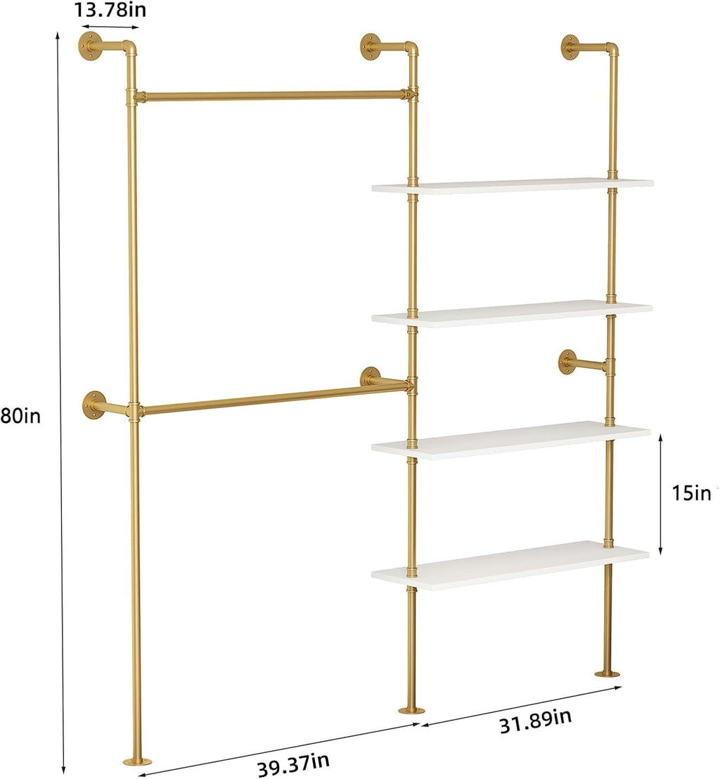 Industrial Pipe Clothing Rack Wall Mounted Heavy Duty, Space Saving Garment Hanger System for Wardrobe/Walk-in Closet, Gold