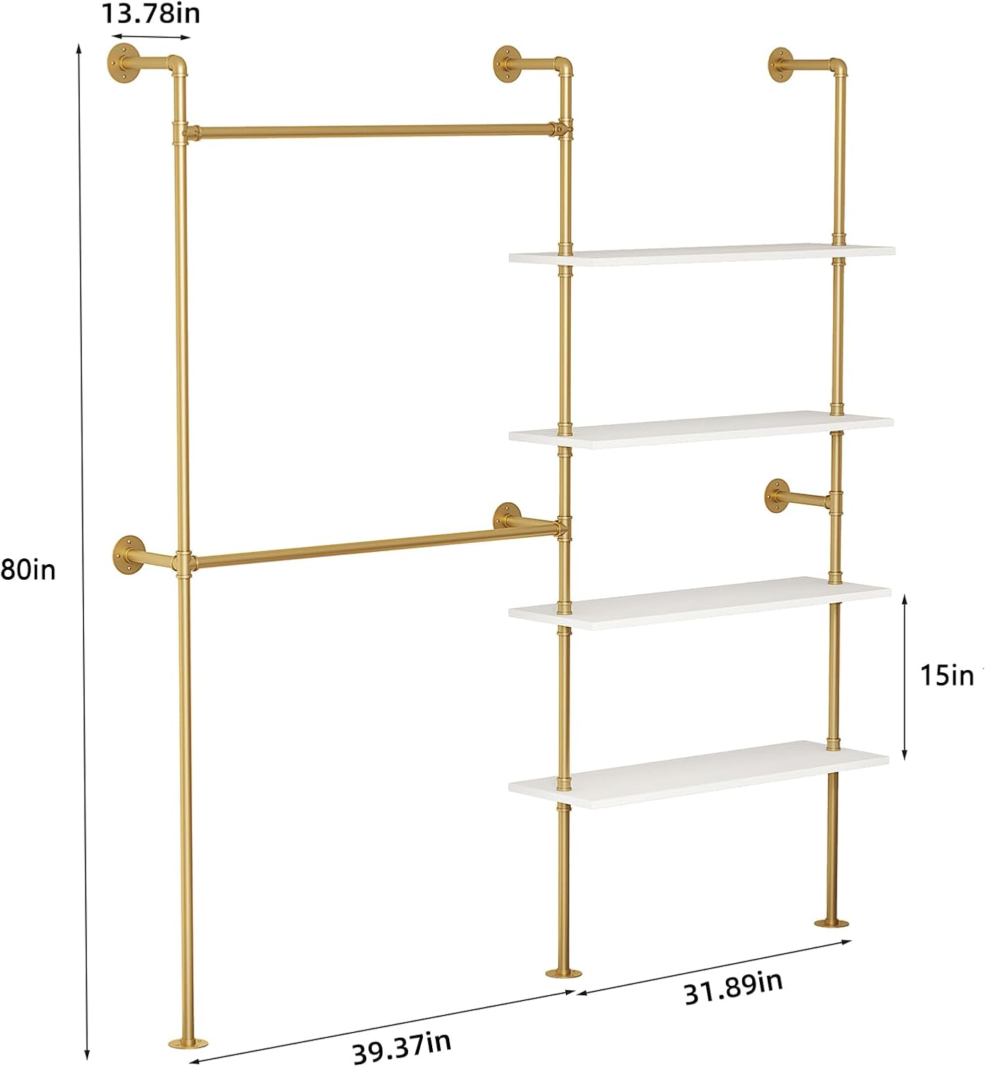 Industrial Pipe Clothing Rack Wall Mounted Heavy Duty, Space Saving Garment Hanger System for Wardrobe/Walk-in Closet, Gold