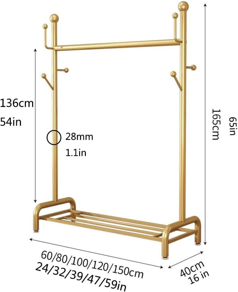 Heavy Duty Clothes Rack for Bedroom, Home and Shop, 150kg Load Bearing, Metal Garment Rack with Shelf for Hanging Clothes(Gold,80x40x165cm)