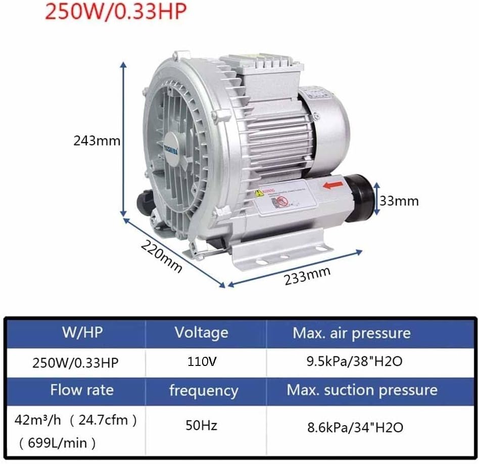Regenerative Blower 0.5HP/0.74HP/1.49HP 110v Single Phase, Aluminum Alloy High-Pressure Vortex Ring Blower, Industrial Vacuum Pump for Air Blowing(250W/0.33HP)