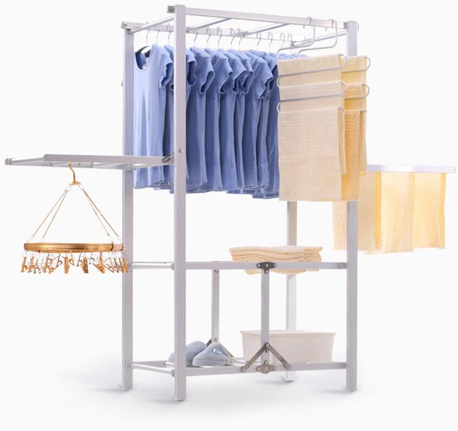 Laundry Rack, Folding Airer, Retractable Double Rail Clothes Airer Indoor Househ Clothes Airer Indoor Household Drying Racks no Need to Install with Wheels and 2 Shelves Clothes Garment Rack