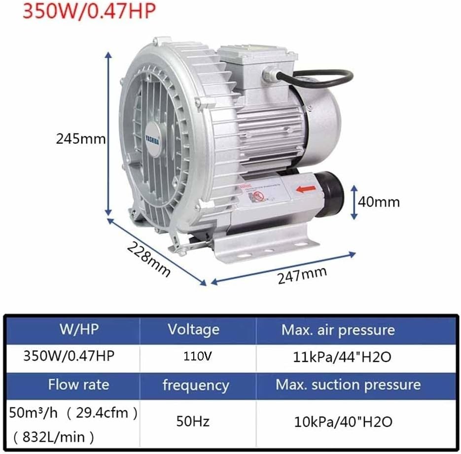 Regenerative Blower Silver, 110V 50Hz Single Phase, High-Pressure Vortex Ring Blower, 0.47HP 0.5HP 0.74HP 1.01HP 1.49HP Industrial Vacuum Pump for Air Blowing Or Suction(350W/0.47HP)