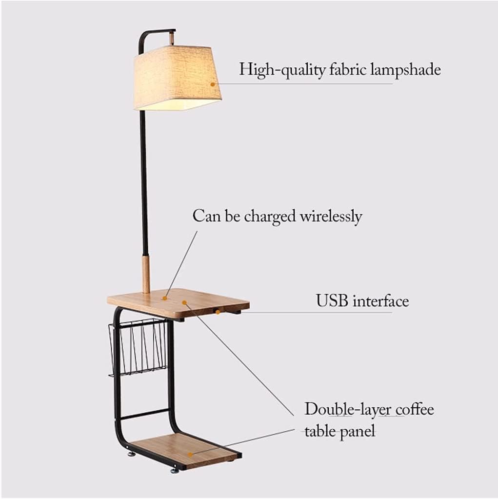 Floor Lamp, Floor Lamp Solid Wood Standing Lamp Modern with 2 Shelves 1 Power Outlet and 1 Storage Basket Storage Lamp for Bedroom (A
