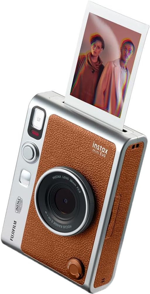 Fujifilm Instax Mini EVO Instant Camera with Sunshine Photo Microfiber Cleaning Cloth (Camera + 2 Twin Packs, Brown)