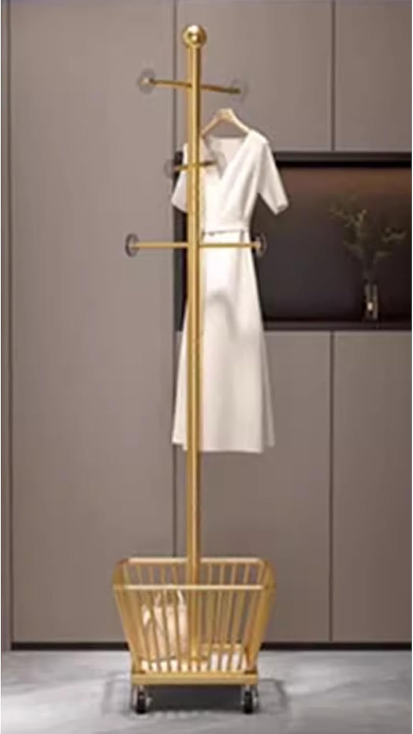 Metal Clothing Rack,Laundry cart with Hanging Rack,Standing Clothes Rack,Rolling Garment Rack,(Gold)