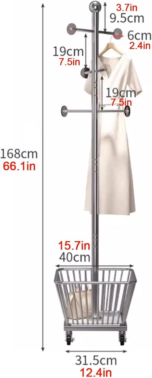 Metal Clothing Rack,Laundry cart with Hanging Rack,Standing Clothes Rack,Rolling Garment Rack,(Silver)