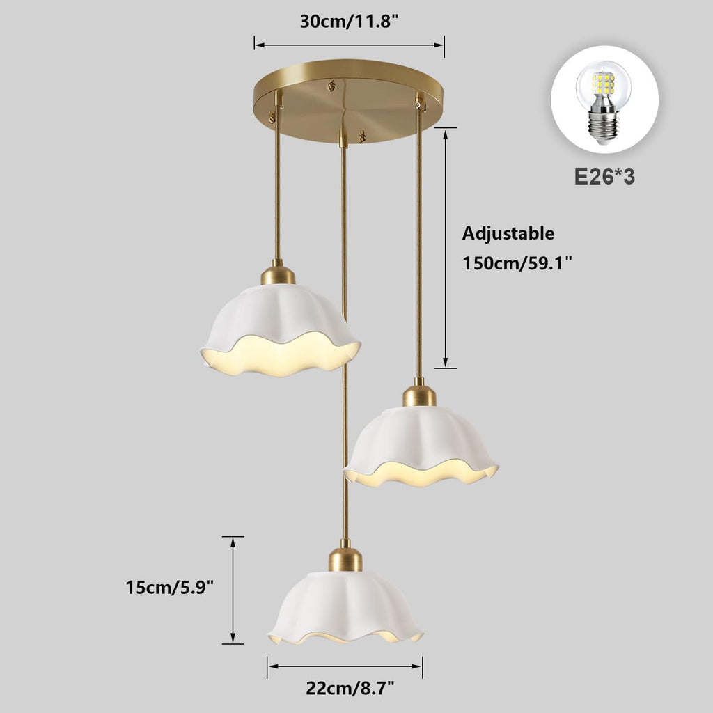3 Light Pendant Light Minimalist Style Ceiling Hanging Lamp Retro White Wave Ceramic Lampshade Brass Finish Ceiling Light for Kitchen Island Bedroom Bedside