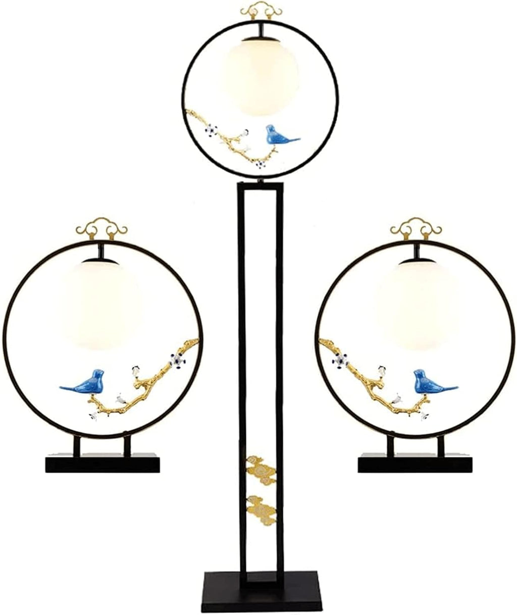 Standing Floor Set of 2 Table Lamps and 1 Floor Lamp Modern Classic with Glass Shade Ceramic Bird Decoration Storage Lamp(