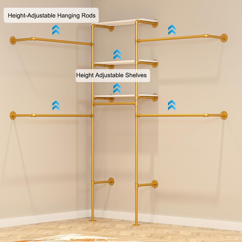 KaKaBB Heavy Duty Gold Pipe Clothing Rack - Wall Mounted Industrial Clothes Rack, DIY Corner Closet System with Shelves, Adjustable Walk-in Closet Organizer (GOLD, 94.5')