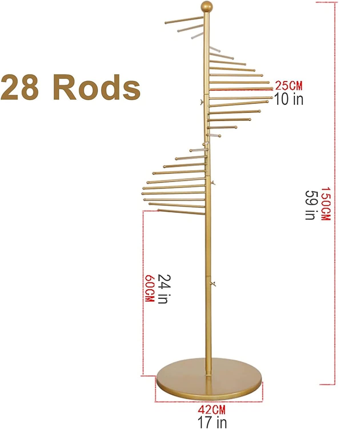 Floor-Standing Metal Spiral Scarf Display Stand, Industrial Style Iron Storage Hanger Hair Rack, Hijab Scarves Leggings Tae Kwon Do Belt, Closet Racks for Hanging Clothes(Gold-28 Rods)