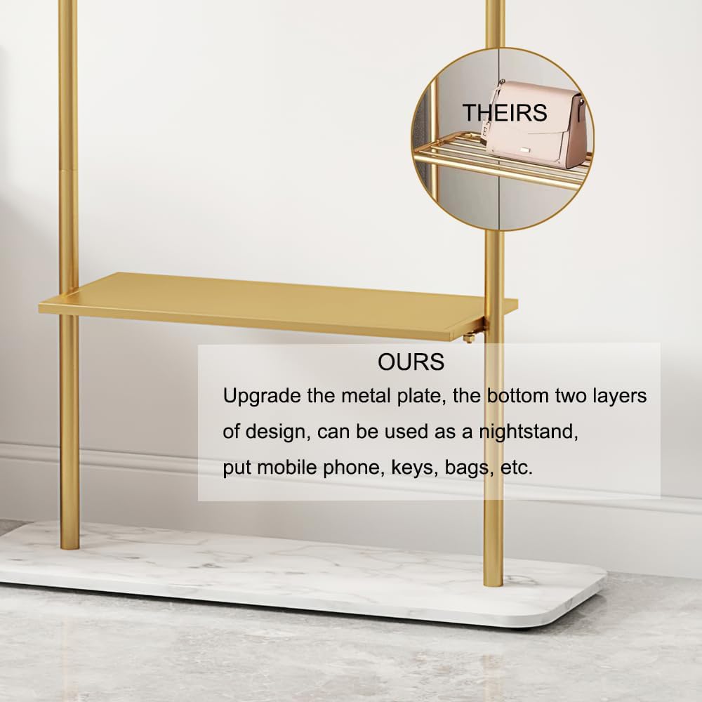 KaKaBB Gold Clothing Rack with Shelves, Coat Racks Freestanding with Marble Base, Clothing Rack for Hanging Clothes, Gold Garment Rack for Boutiques, Bedroom (2 tier, 31.5')