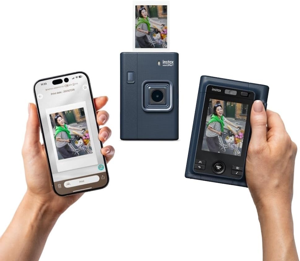 FUJIFILM instax mini LiPlay+ (Midnight Blue) Hybrid Instant Camera Bundle with 20 Exposures Instant Film + Instax Mini Album, Borders, Stickers & Clips + Microfiber Cleaning Cloth (4 Items)